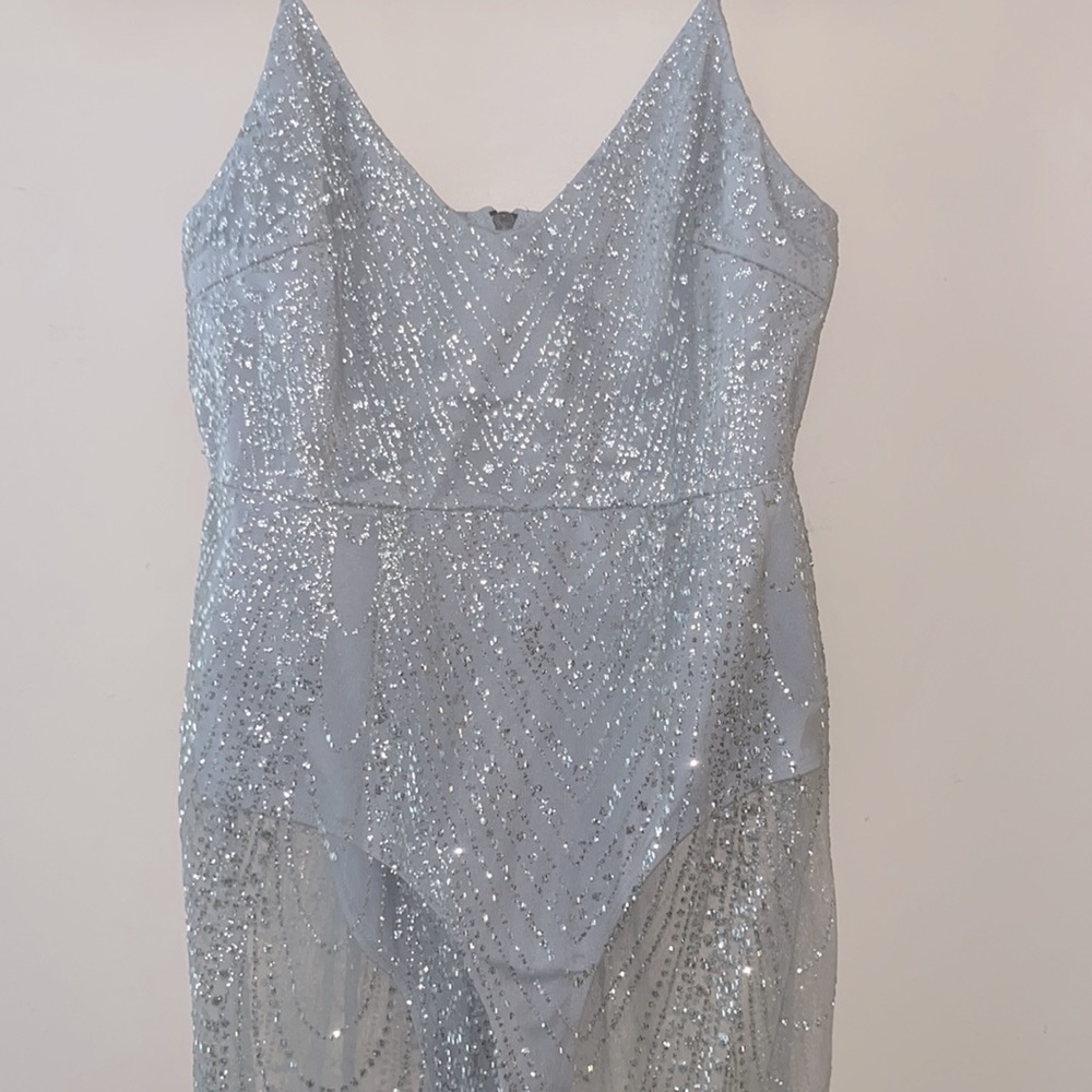HELLO MOLLY Sheer silver glitter bodysuit bodycon mesh dress - Picture 2 of 9